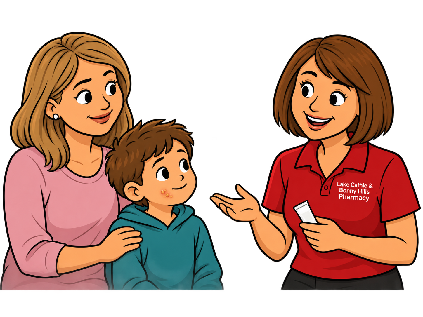 Pharmacist advising a parent and child about impetigo
