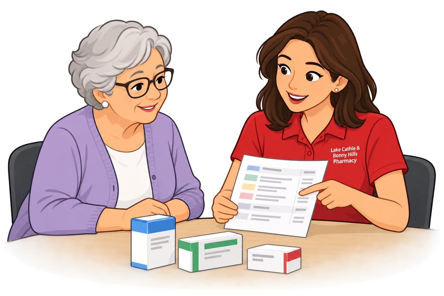 Pharmacist reviewing a medicine list with a patient