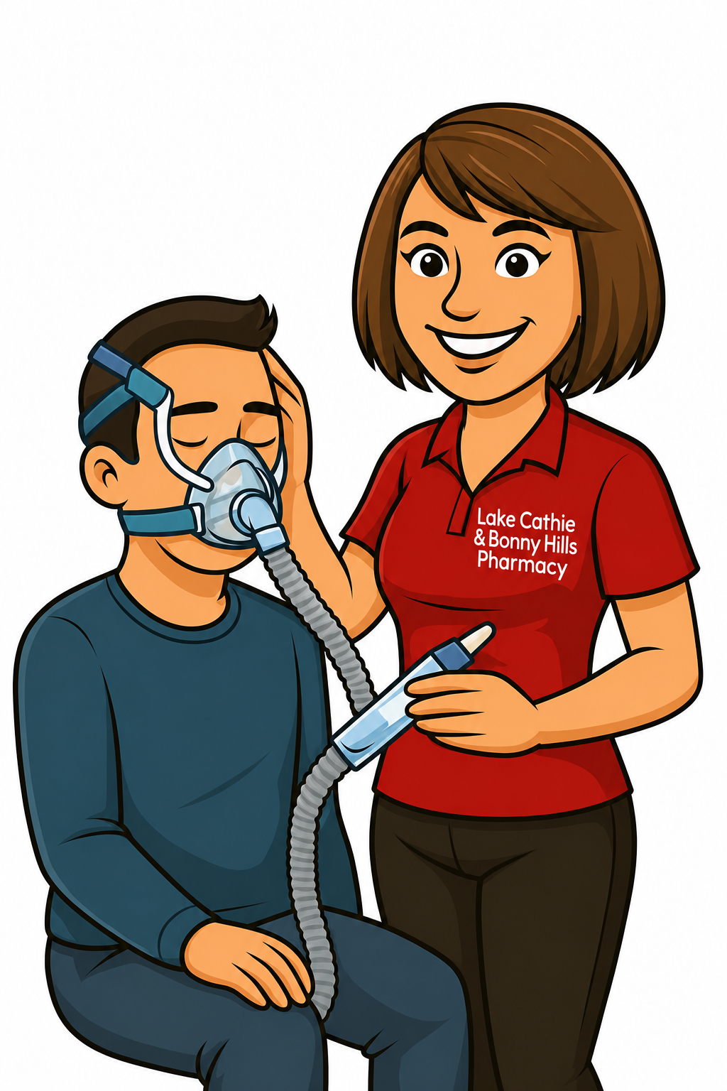 Pharmacist showing a patient a CPAP mask and equipment